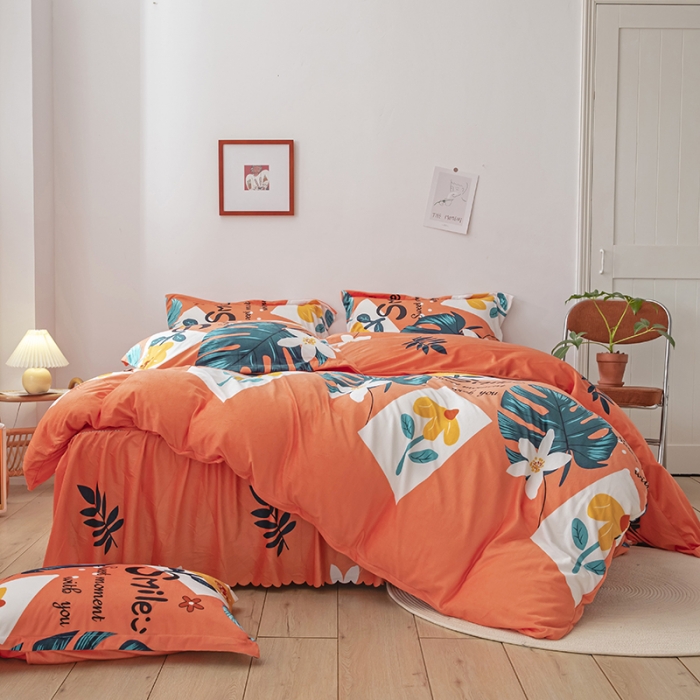 91家纺网 家纺一手货源 找家纺 纽缦 2020新款绒单层床裙四件套 陌上花开橘红