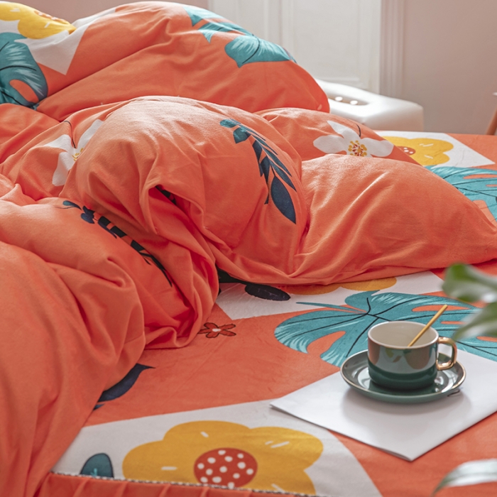 91家纺网 家纺一手货源 找家纺 纽缦 2020新款绒单层床裙四件套 陌上花开橘红