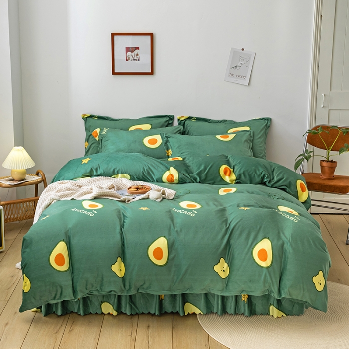 91家纺网 家纺一手货源 找家纺 纽缦 2020新款绒单层床裙四件套 牛油果绿