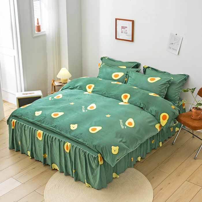 91家纺网 家纺一手货源 找家纺 纽缦 2020新款绒单层床裙四件套 牛油果绿