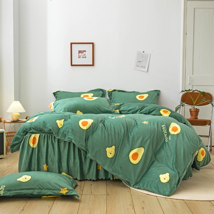 91家纺网 家纺一手货源 找家纺 纽缦 2020新款绒单层床裙四件套 牛油果绿