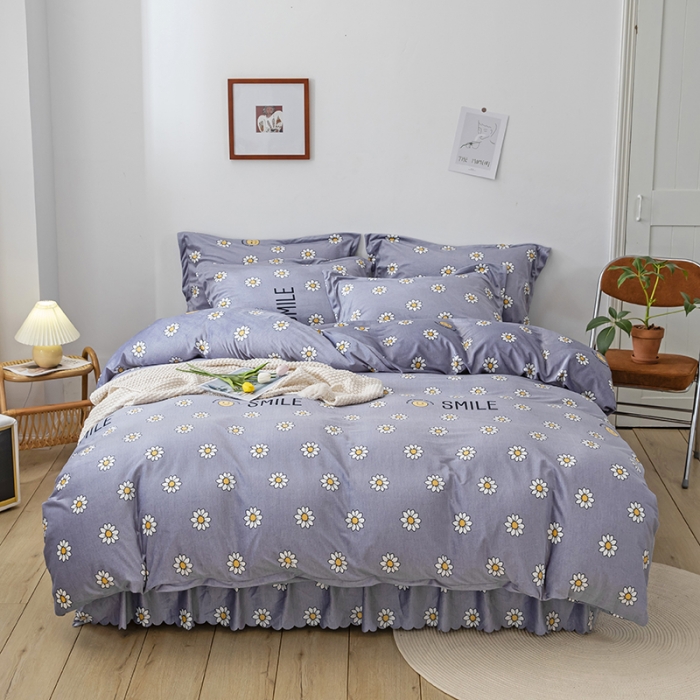 91家纺网 家纺一手货源 找家纺 纽缦 2020新款绒单层床裙四件套 幸运小菊蓝紫