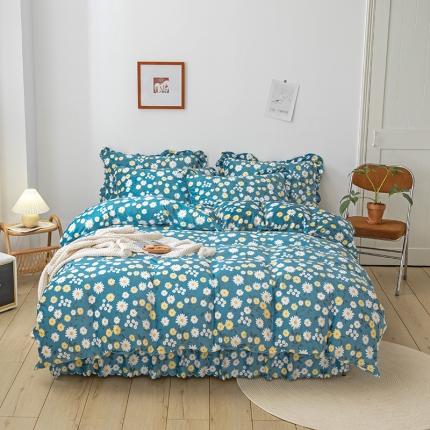 91家纺网 家纺一手货源 找家纺 纽缦 2020新款绒夹棉床裙四件套 雏菊之恋蓝