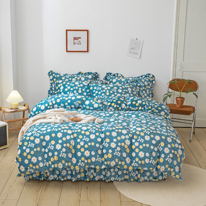 91家纺网 家纺一手货源 找家纺 纽缦 2020新款绒夹棉床裙四件套 雏菊之恋蓝