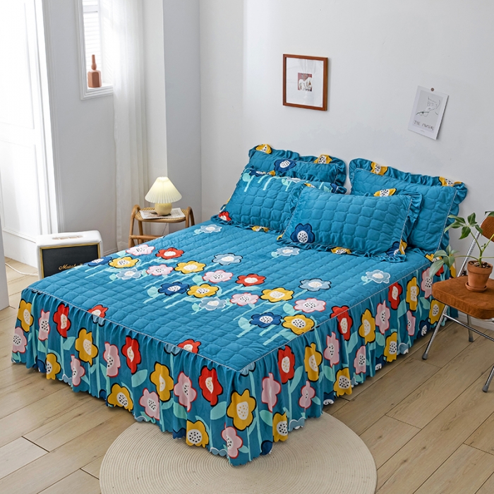 91家纺网 家纺一手货源 找家纺 纽缦 2020新款绒夹棉床裙四件套 花田梦蓝