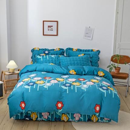 纽缦 2020新款绒夹棉床裙四件套 花田梦蓝