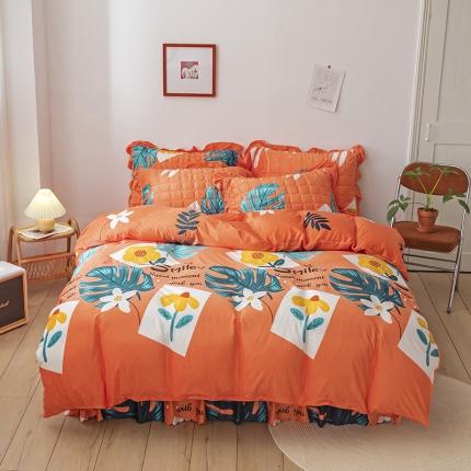 91家纺网 家纺一手货源 找家纺 纽缦 2020新款绒夹棉床裙四件套 陌上花开橘红