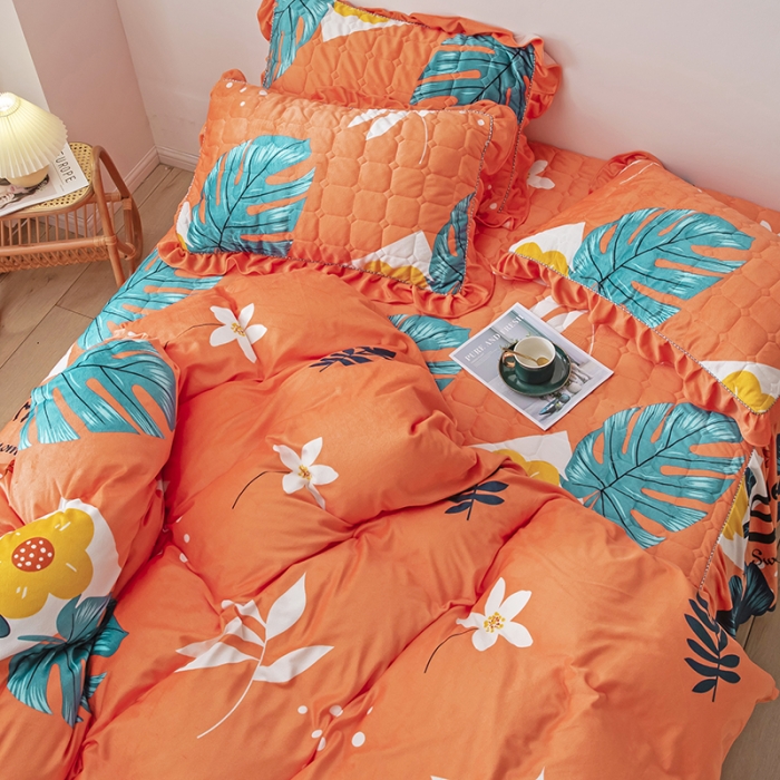 91家纺网 家纺一手货源 找家纺 纽缦 2020新款绒夹棉床裙四件套 陌上花开橘红