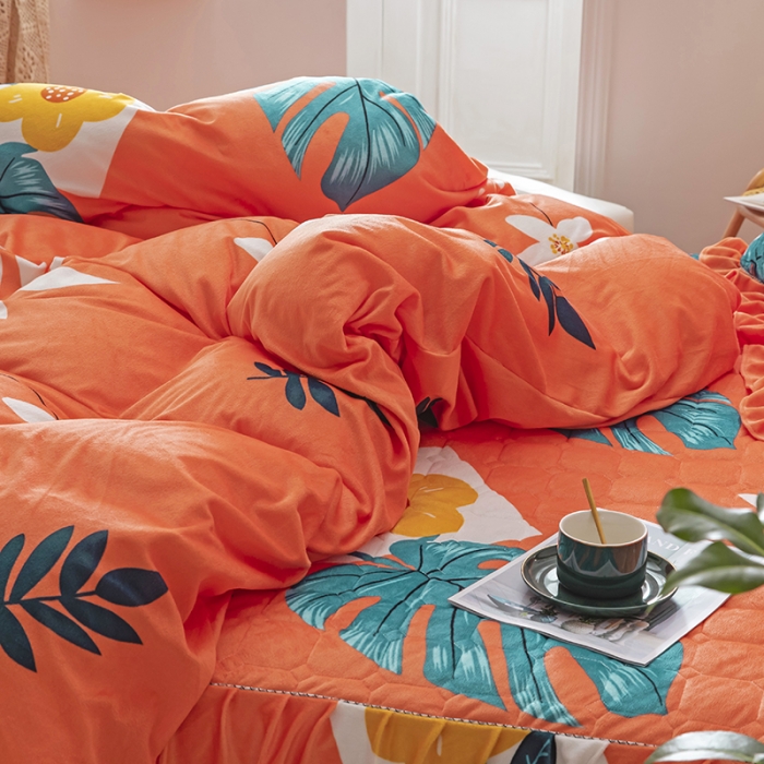 91家纺网 家纺一手货源 找家纺 纽缦 2020新款绒夹棉床裙四件套 陌上花开橘红