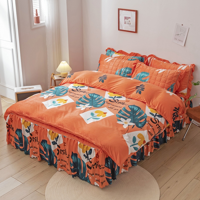 91家纺网 家纺一手货源 找家纺 纽缦 2020新款绒夹棉床裙四件套 陌上花开橘红