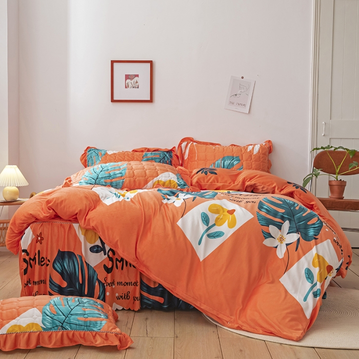 91家纺网 家纺一手货源 找家纺 纽缦 2020新款绒夹棉床裙四件套 陌上花开橘红