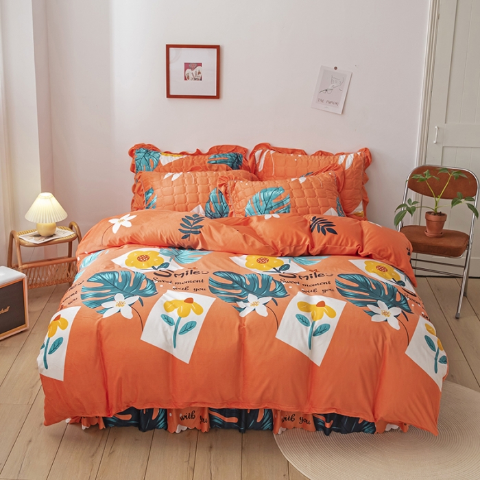 91家纺网 家纺一手货源 找家纺 纽缦 2020新款绒夹棉床裙四件套 陌上花开橘红