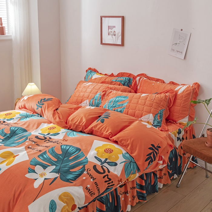 91家纺网 家纺一手货源 找家纺 纽缦 2020新款绒夹棉床裙四件套 陌上花开橘红