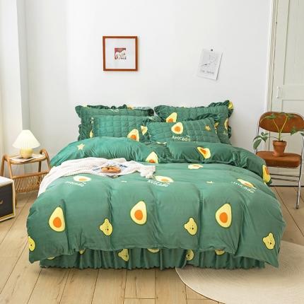 纽缦 2020新款绒夹棉床裙四件套 牛油果绿