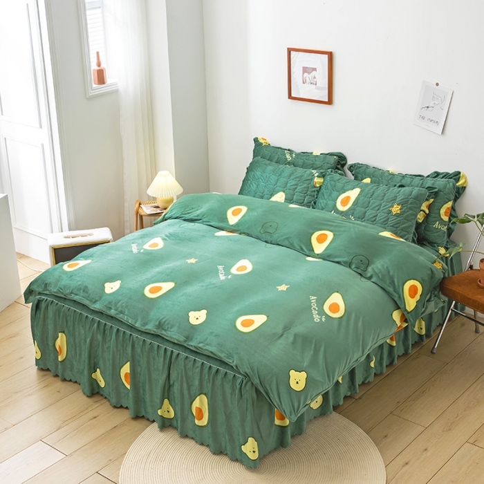 91家纺网 家纺一手货源 找家纺 纽缦 2020新款绒夹棉床裙四件套 牛油果绿