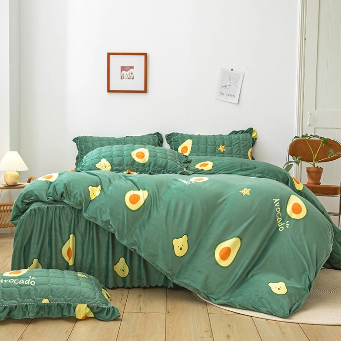 91家纺网 家纺一手货源 找家纺 纽缦 2020新款绒夹棉床裙四件套 牛油果绿