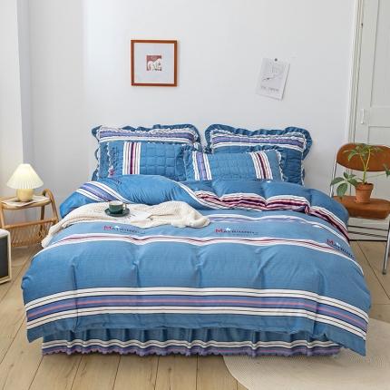 91家纺网 家纺一手货源 找家纺 纽缦 2020新款绒夹棉床裙四件套 索菲亚蓝