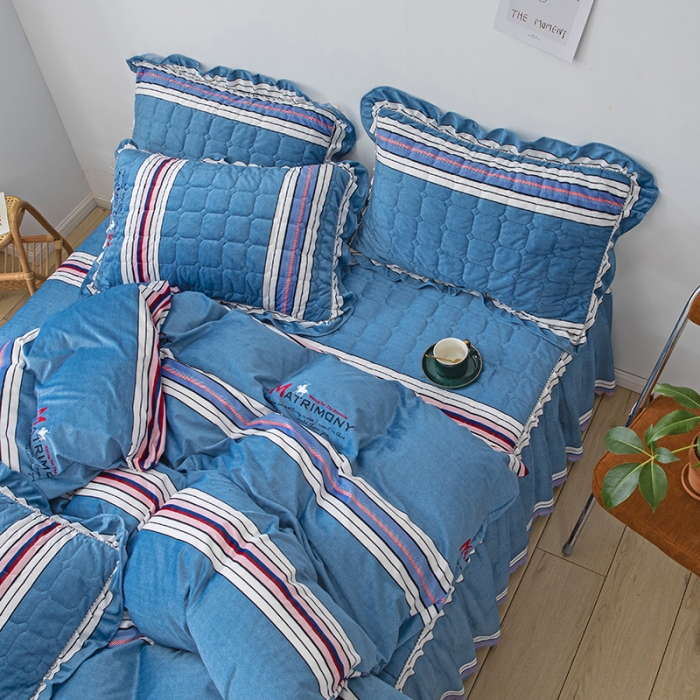 91家纺网 家纺一手货源 找家纺 纽缦 2020新款绒夹棉床裙四件套 索菲亚蓝