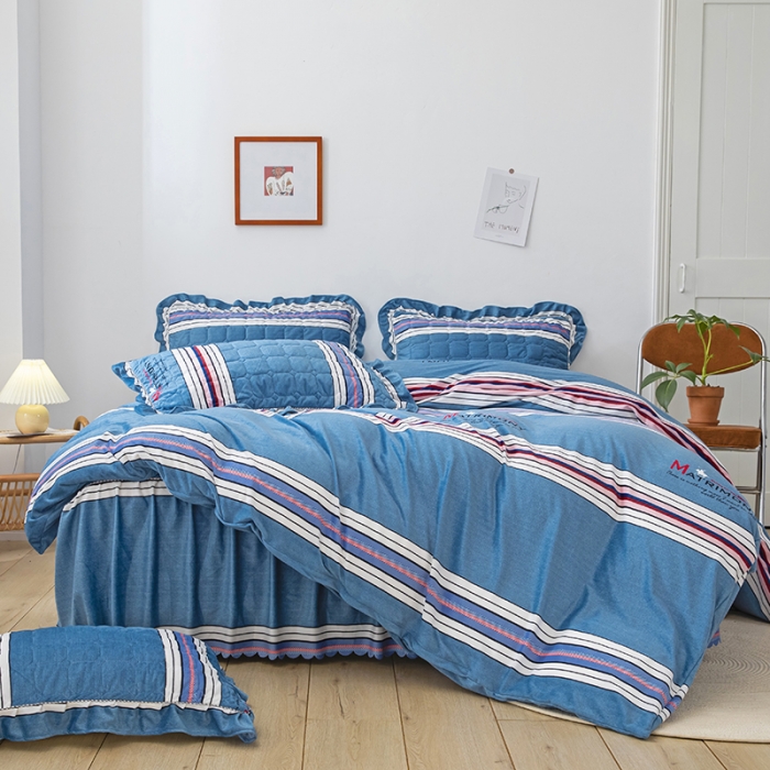 91家纺网 家纺一手货源 找家纺 纽缦 2020新款绒夹棉床裙四件套 索菲亚蓝