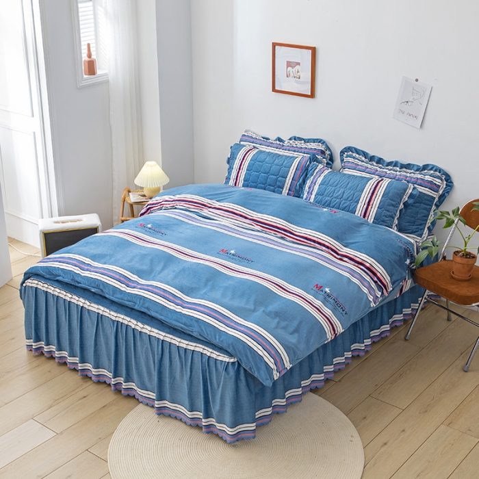 91家纺网 家纺一手货源 找家纺 纽缦 2020新款绒夹棉床裙四件套 索菲亚蓝