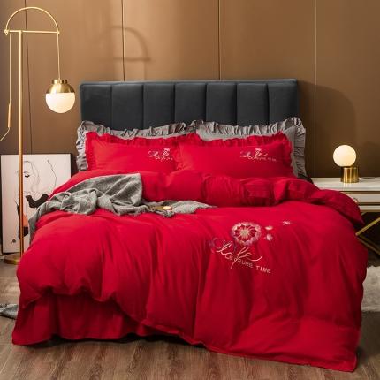 伊而梦 2023新款抗菌新疆棉刺绣床裙款四件套 蒲公英之约-大红