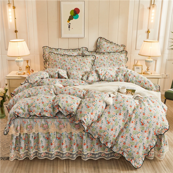 91家纺网 家纺一手货源 找家纺 十个点家纺 2022新款全棉蕾丝夹棉床裙四件套 花海迷情