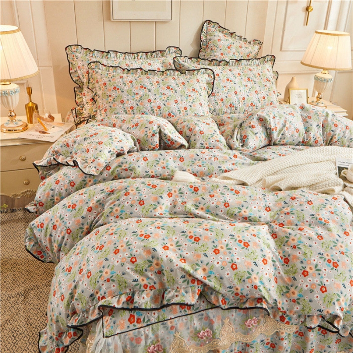 91家纺网 家纺一手货源 找家纺 十个点家纺 2022新款全棉蕾丝夹棉床裙四件套 花海迷情