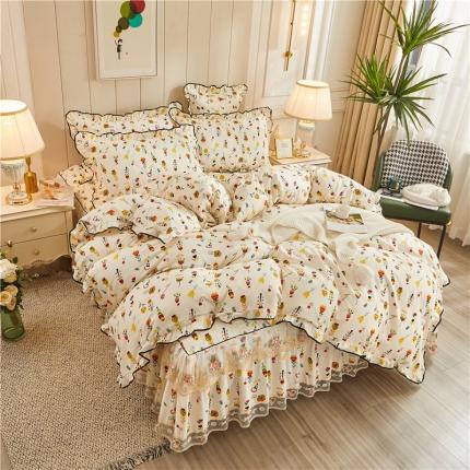 十个点家纺 2022新款全棉蕾丝夹棉床裙四件套 花开那时