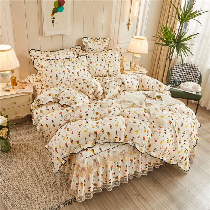 91家纺网 家纺一手货源 找家纺 十个点家纺 2022新款全棉蕾丝夹棉床裙四件套 花开那时