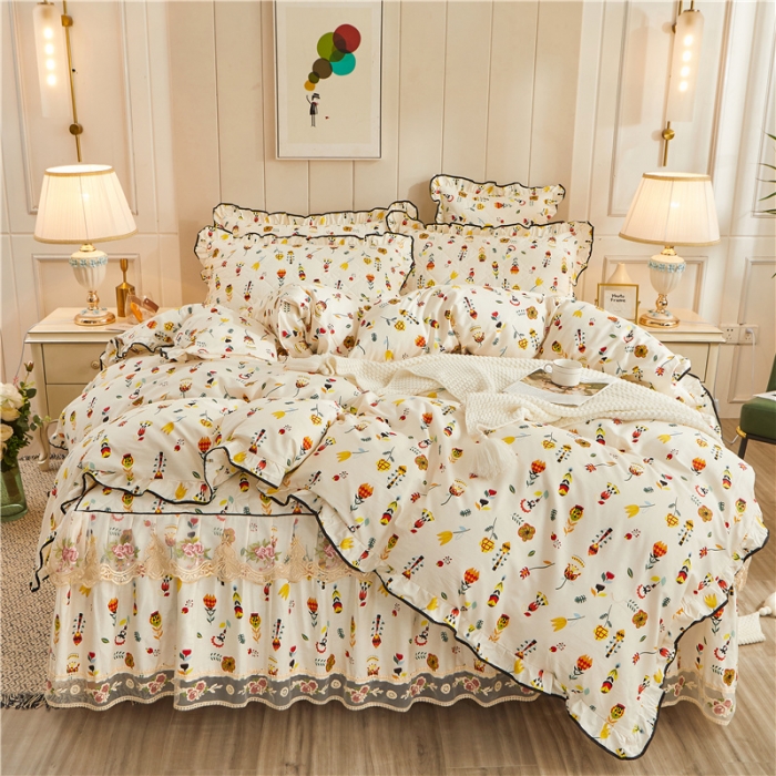 91家纺网 家纺一手货源 找家纺 十个点家纺 2022新款全棉蕾丝夹棉床裙四件套 花开那时