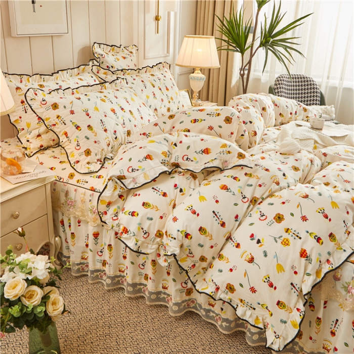 91家纺网 家纺一手货源 找家纺 十个点家纺 2022新款全棉蕾丝夹棉床裙四件套 花开那时