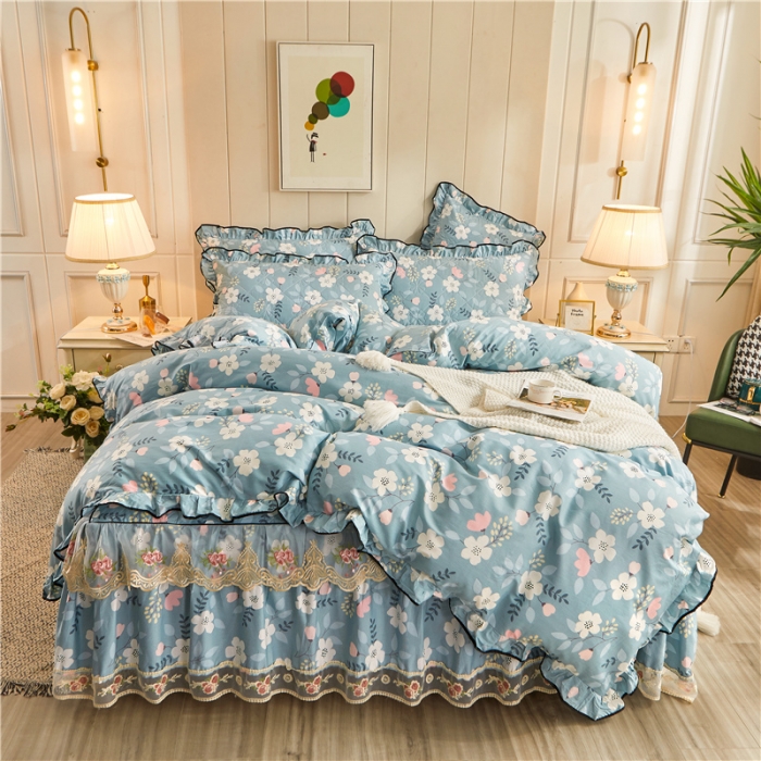 91家纺网 家纺一手货源 找家纺 十个点家纺 2022新款全棉蕾丝夹棉床裙四件套 花样人生