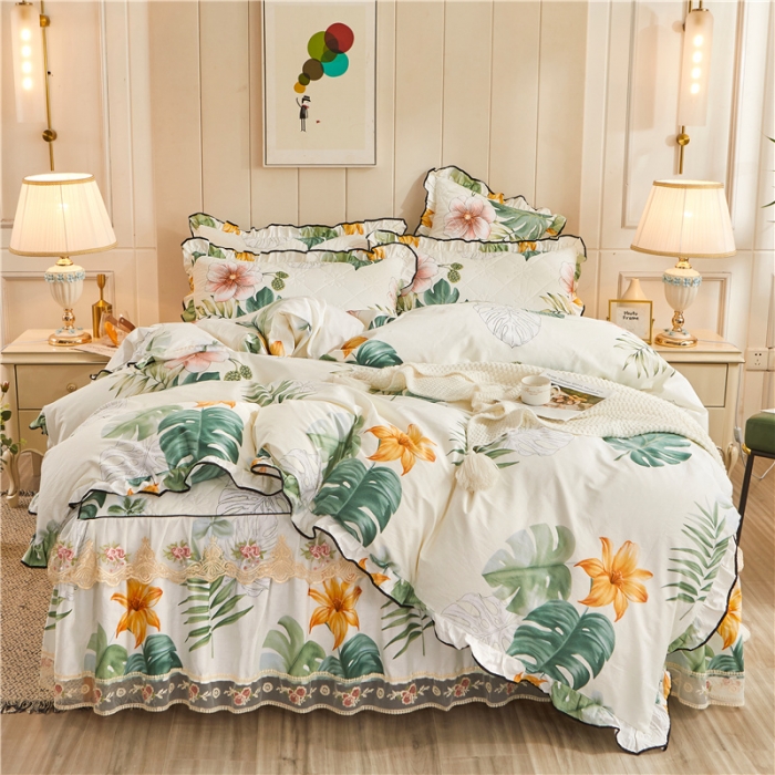 91家纺网 家纺一手货源 找家纺 十个点家纺 2022新款全棉蕾丝夹棉床裙四件套 花叶倾城