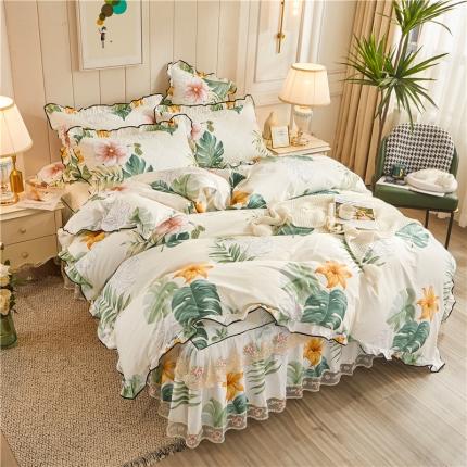 十个点家纺 2022新款全棉蕾丝夹棉床裙四件套 花叶倾城