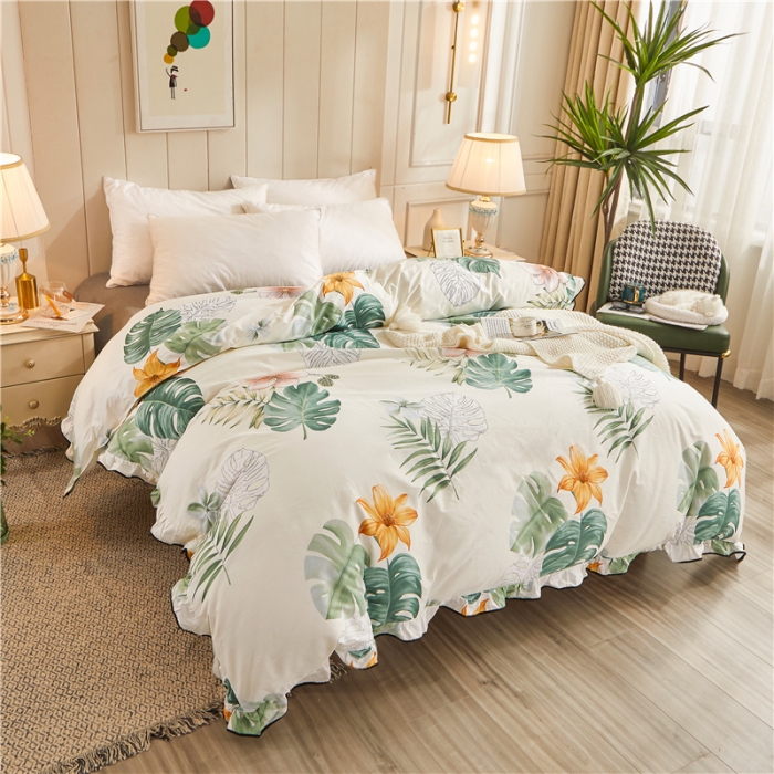 91家纺网 家纺一手货源 找家纺 十个点家纺 2022新款全棉蕾丝夹棉床裙四件套 花叶倾城