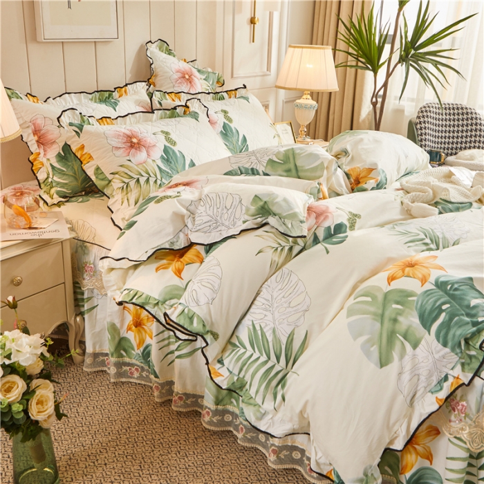 91家纺网 家纺一手货源 找家纺 十个点家纺 2022新款全棉蕾丝夹棉床裙四件套 花叶倾城