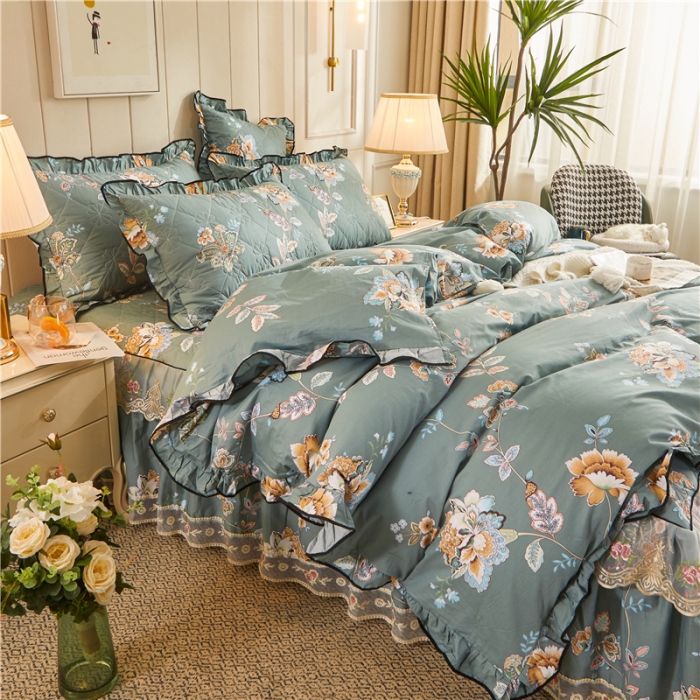 91家纺网 家纺一手货源 找家纺 十个点家纺 2022新款全棉蕾丝夹棉床裙四件套 花月佳期墨绿