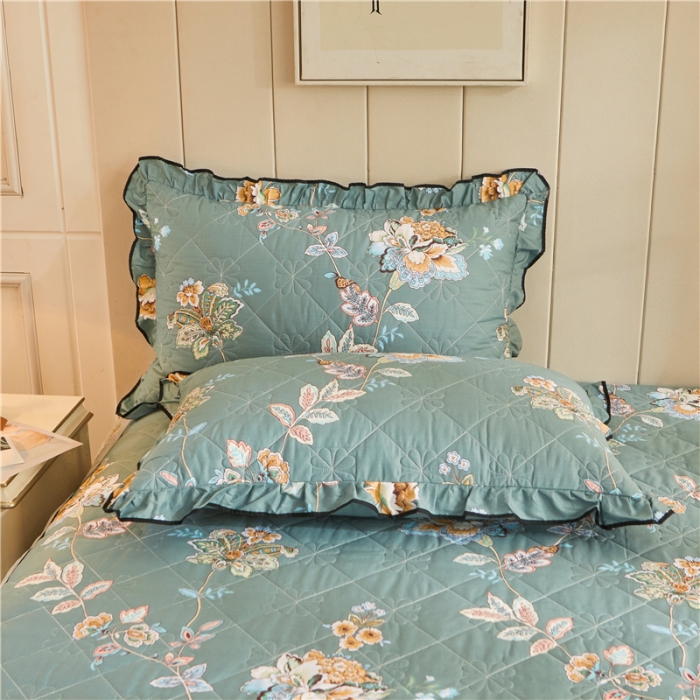 91家纺网 家纺一手货源 找家纺 十个点家纺 2022新款全棉蕾丝夹棉床裙四件套 花月佳期墨绿