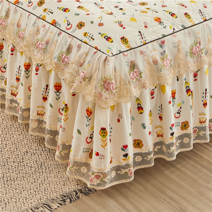 91家纺网 家纺一手货源 找家纺 十个点家纺 2022新款全棉蕾丝夹棉单床裙 花开那时