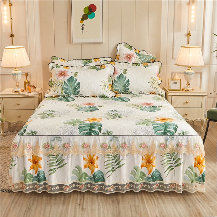 91家纺网 家纺一手货源 找家纺 十个点家纺 2022新款全棉蕾丝夹棉单床裙 花叶倾城