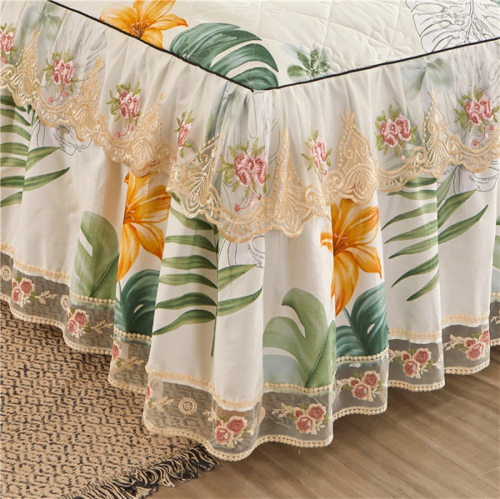 91家纺网 家纺一手货源 找家纺 十个点家纺 2022新款全棉蕾丝夹棉单床裙 花叶倾城