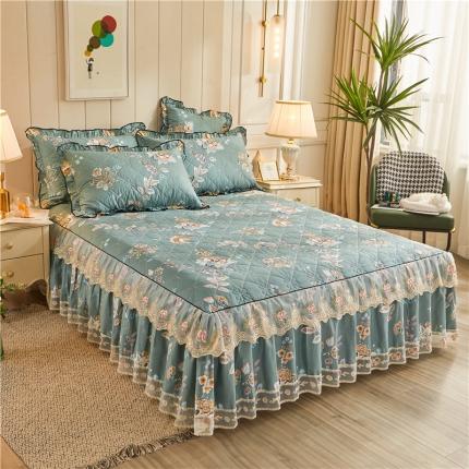 十个点家纺 2022新款全棉蕾丝夹棉单床裙 花月佳期墨绿