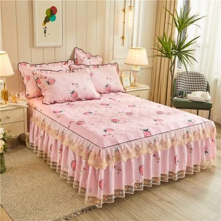 十个点家纺 2022新款全棉蕾丝夹棉单床裙 恋爱草莓