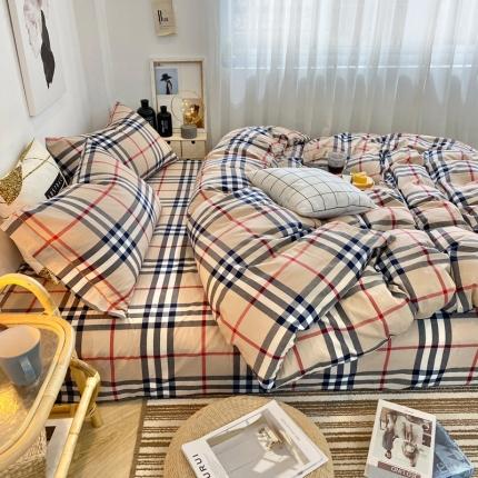 91家纺网 家纺一手货源 找家纺 （总）三沁 2024新款AAA版直播爆款纯棉全棉色织水洗棉简约格子式四件套（床单圆角荷叶边）