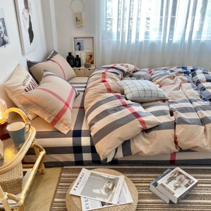 91家纺网 家纺一手货源 找家纺 （总）三沁 2024新款AAA版直播爆款纯棉全棉色织水洗棉简约格子式四件套（床单圆角荷叶边）