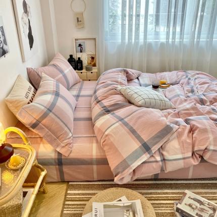 91家纺网 家纺一手货源 找家纺 （总）三沁 2024新款AAA版直播爆款纯棉全棉色织水洗棉简约格子式四件套（床单圆角荷叶边）