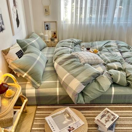 91家纺网 家纺一手货源 找家纺 （总）三沁 2024新款AAA版直播爆款纯棉全棉色织水洗棉简约格子式四件套（床单圆角荷叶边）