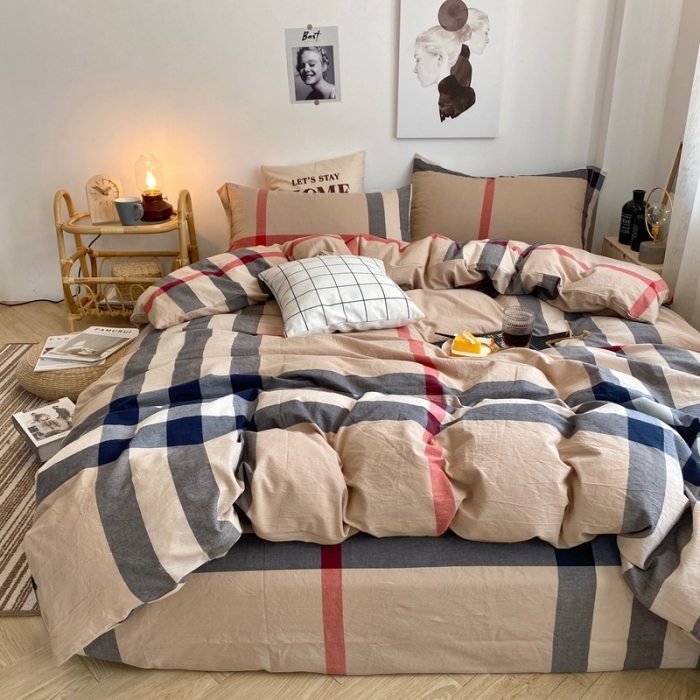 91家纺网 家纺一手货源 找家纺 三沁家居家居 2022新款格子色织水洗棉全棉四件套 巴宝莉-大格