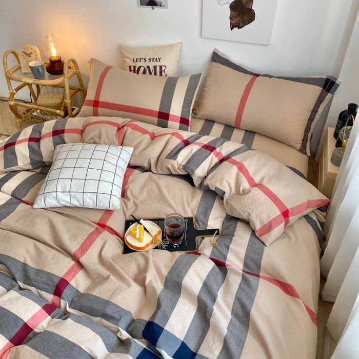 91家纺网 家纺一手货源 找家纺 三沁家居家居 2022新款格子色织水洗棉全棉四件套 巴宝莉-大格