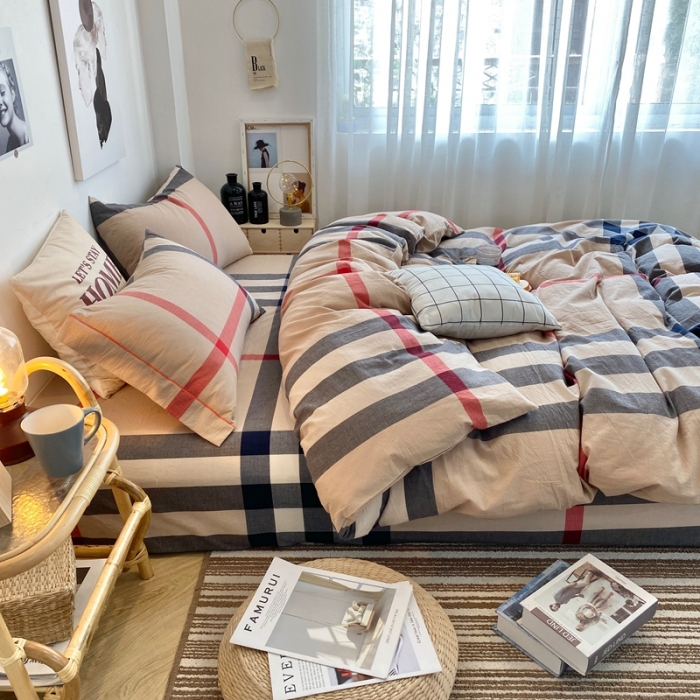 91家纺网 家纺一手货源 找家纺 三沁家居家居 2022新款格子色织水洗棉全棉四件套 巴宝莉-大格